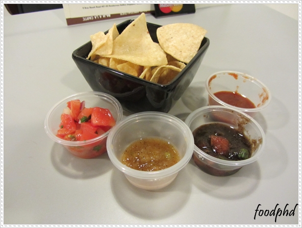 Complimentary Tortilla Chips with (from left to right) Pico de Gallo, Salsa Molcajete, Salsa Baja and Salsa 6 Chiles
